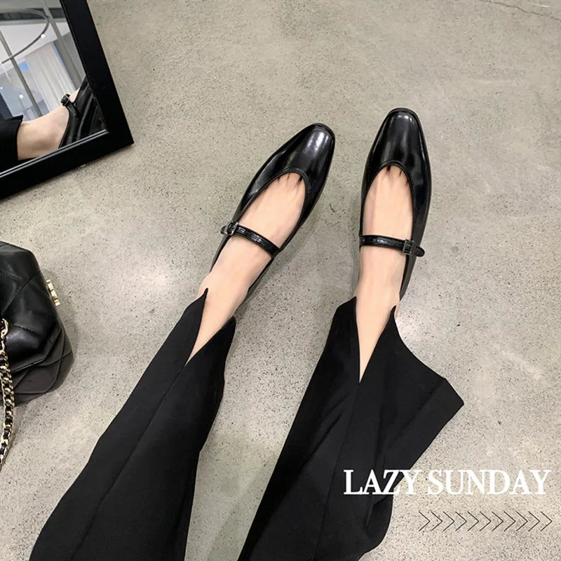 LIZAKOSHT  -  Shallow Mouth Mary Jane Shoes Women's Flat Shoes Ladies French Retro Single Shoes Buckle Leather Loafers Women