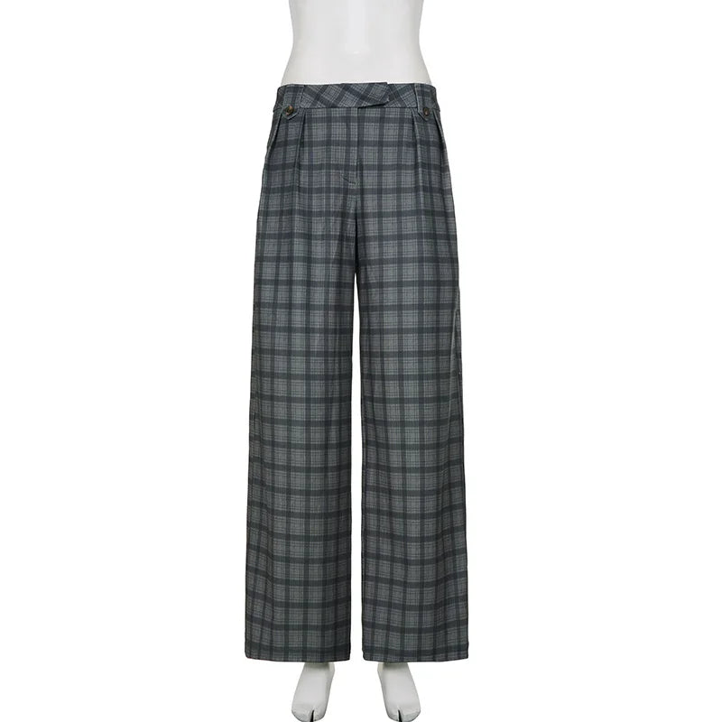 LIZAKOSHT  -  American Street Style High Waist Plaid Print Straight Casual Pants Spice Girl Design Sense Casual Versatile Knitted Suit Pants
