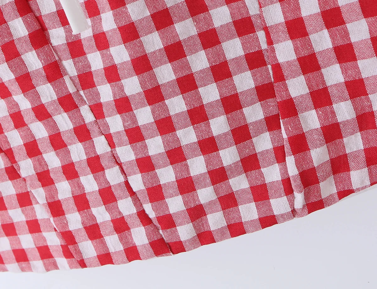 LIZAKOSHT  -  Sexy Red Plaid Spliced Lace Bow Ruched Chest Tank Top + High Waist Wood ears Mesh Lining Swing Cake Mini Skirt Suits 2pcs 1 Set