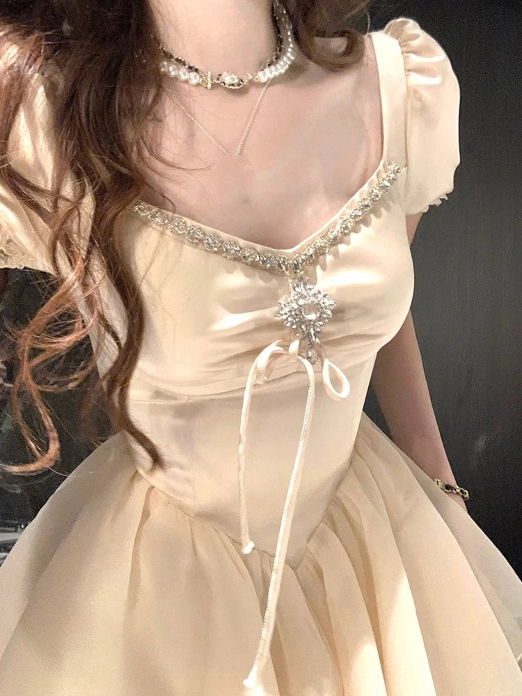 LIZAKOSHT  -  Elegant Vintage Princess Birthday Party Mini Dresses for Women Diamons Ball Gown A-line Korean Luxury One Piece Vestido Mujer