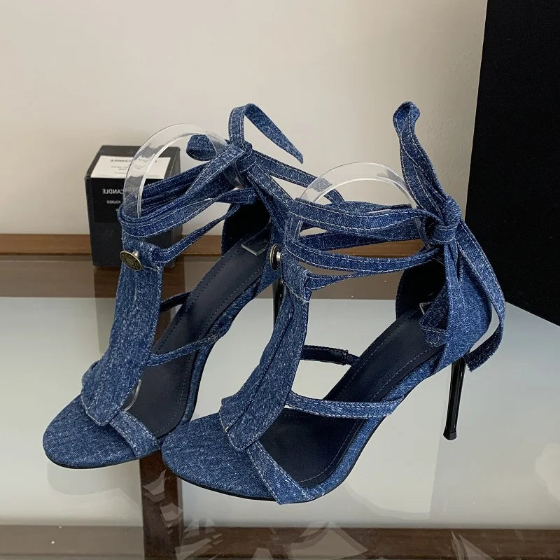 LIZAKOSHT  -  Sexy Thin High Heels Women Sandals Design Style Denim Button Ankle Lace-up Shoes Summer Gladiator Pumps