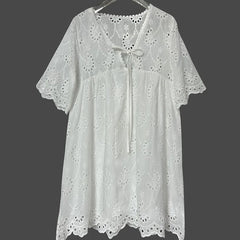 LIZAKOSHT  -  Womens Sexy Hollow Out Embroidery Lace Dress Spring Autumn Jacquard Crochet Party Dress Elegant V-neck Tie-up Loose Mini Dresses