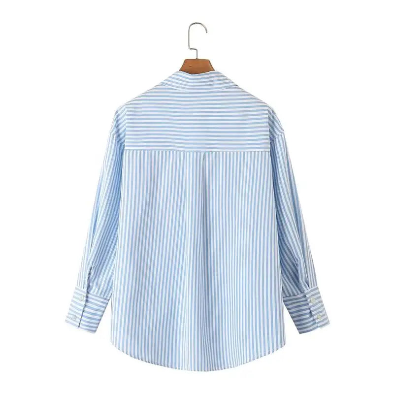 LIZAKOSHT  -  Tops Shirts Spring Women's 2025 New Chic Striped Elegant Loose V-neck Women's Shirts Street Casual Fashion Youth Office Blouses