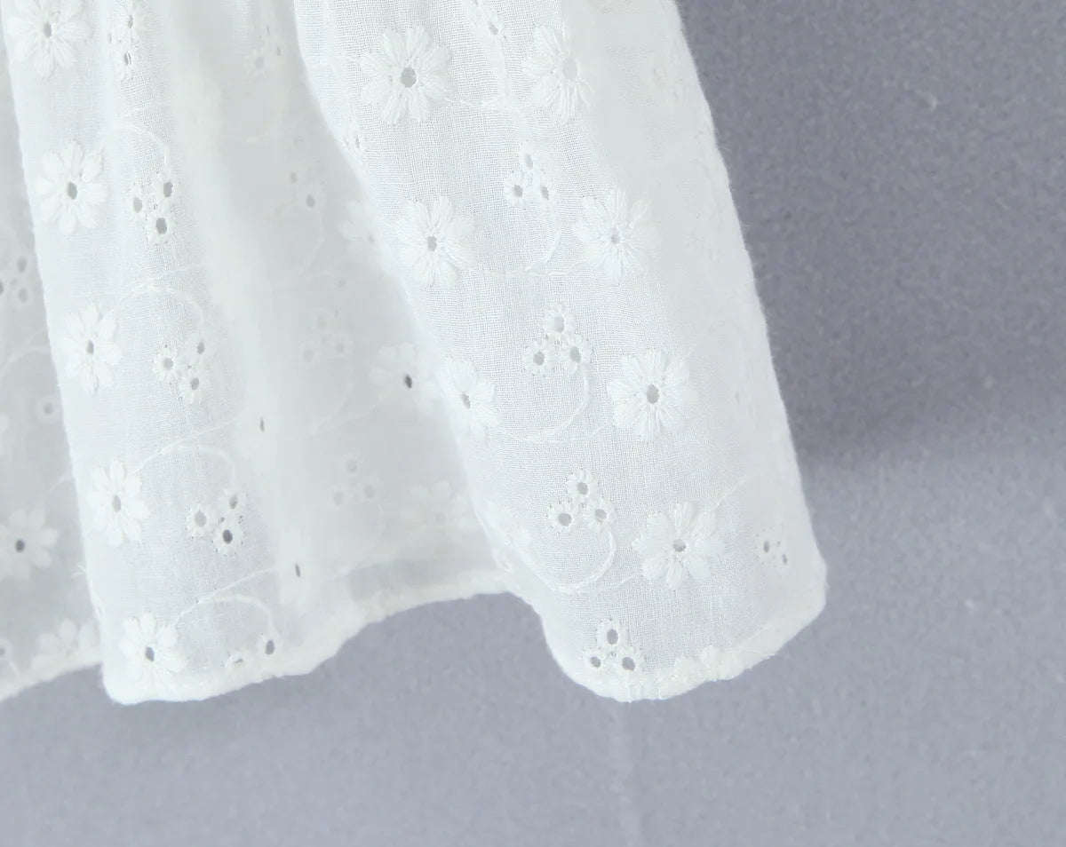 LIZAKOSHT  -  White Embroidery Hollow Out Hole Splice Lace V neck Short Puff Sleeve Shirt Women Center Button Elastic Back Slim Crop Tops