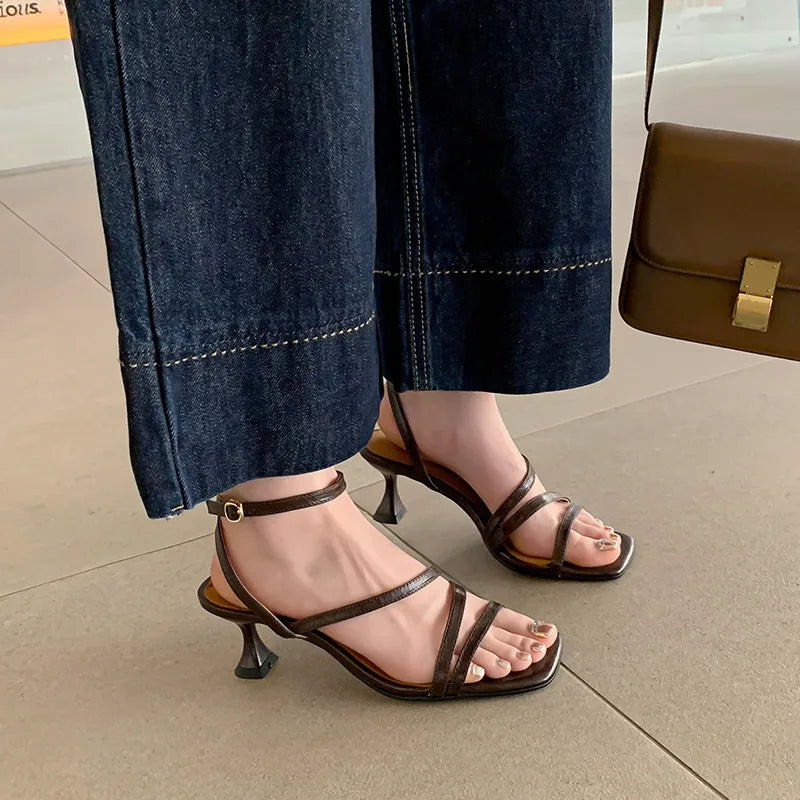 LIZAKOSHT  -  Fashion Sandals Women's New Genuine Leather Simple Slim Strap Ankle Buckle High Heels Commuter Modern Summer Open Shoes