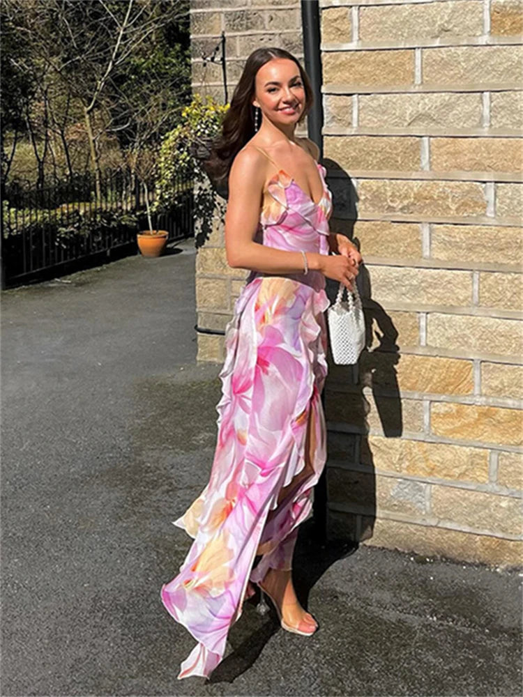LIZAKOSHT  -  Summer Floral Print V-Neck Camisole Long Dress Vacation Clothing For Woman 2024 Backless Bandage Irregular Cocktail Dress