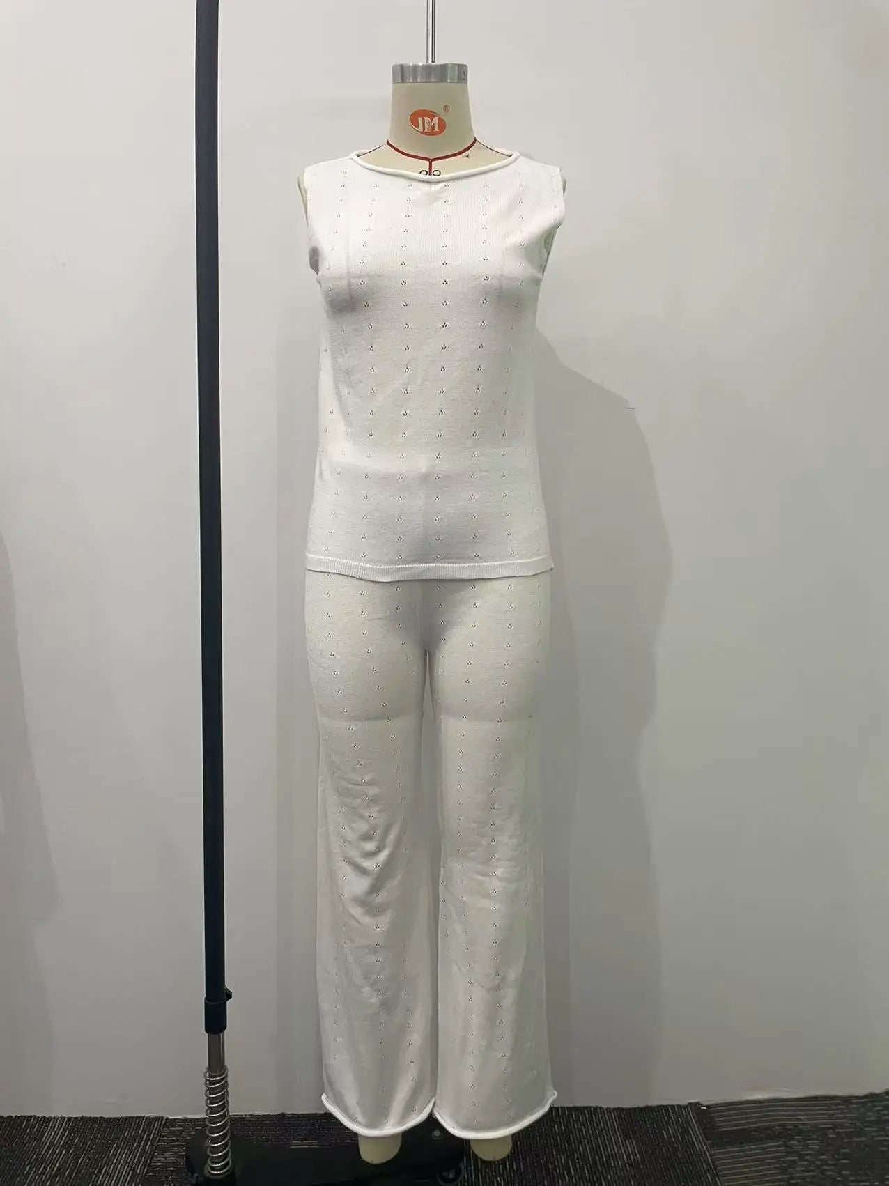 LIZAKOSHT  -  Summer Knitted Beach Sexy Two Piece Sets White Casual Lace Up Backless Outfit Sexy Slant Neck Sleeveless Top with Long Pants Set