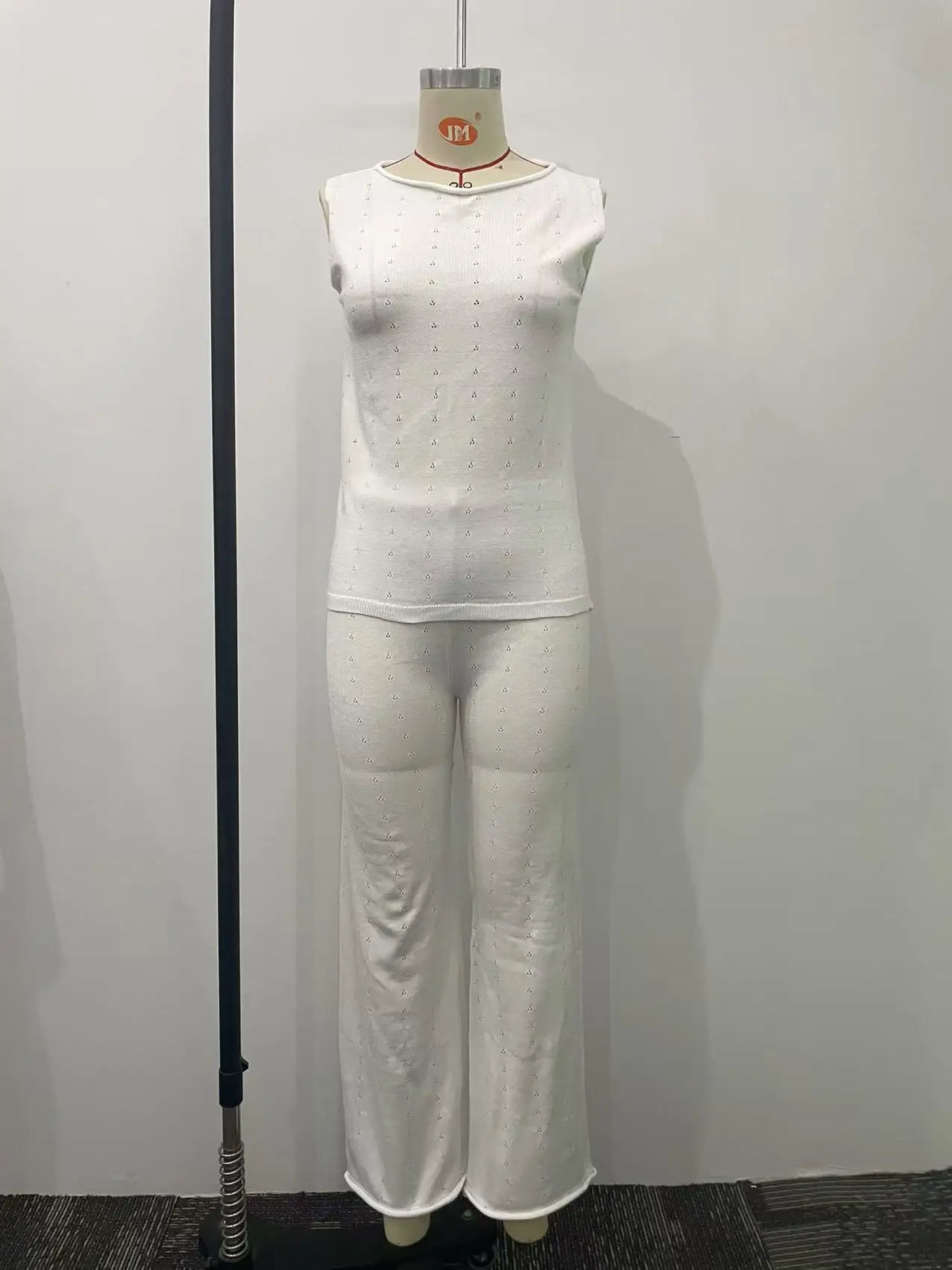 LIZAKOSHT  -  Summer Knitted Beach Sexy Two Piece Sets White Casual Lace Up Backless Outfit Sexy Slant Neck Sleeveless Top with Long Pants Set
