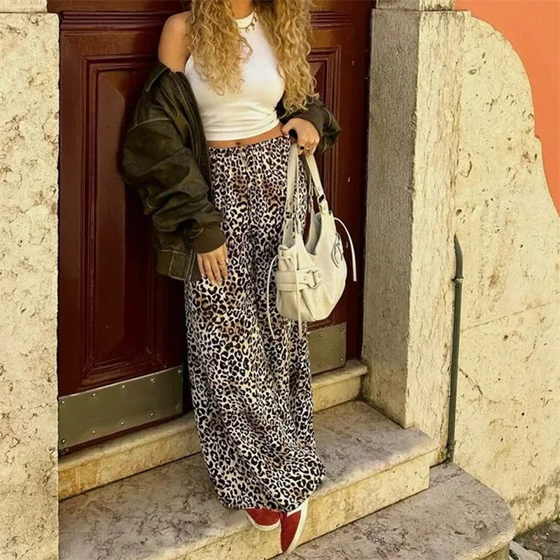 LIZAKOSHT  -  Leopard Pants y2k Clothes Women Sexy Drawstring Elastic Waist Wide Leg Loose Trousers Chic Fashion Clothes Streetwear