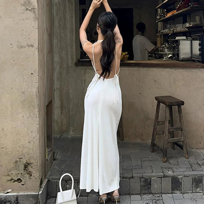 LIZAKOSHT  -  y2k Long Dress Women Summer Solid Color Spaghetti Strap Sleeveless Tie Up Backless Dress Sexy Club Party Dresses