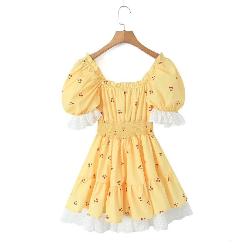 LIZAKOSHT  -  Princess Yellow Cherry Print Spliced Lace Corset Style Mini Dress Women Puff Sleeve Slim Waist Ruffle Hem Cake Party Robe