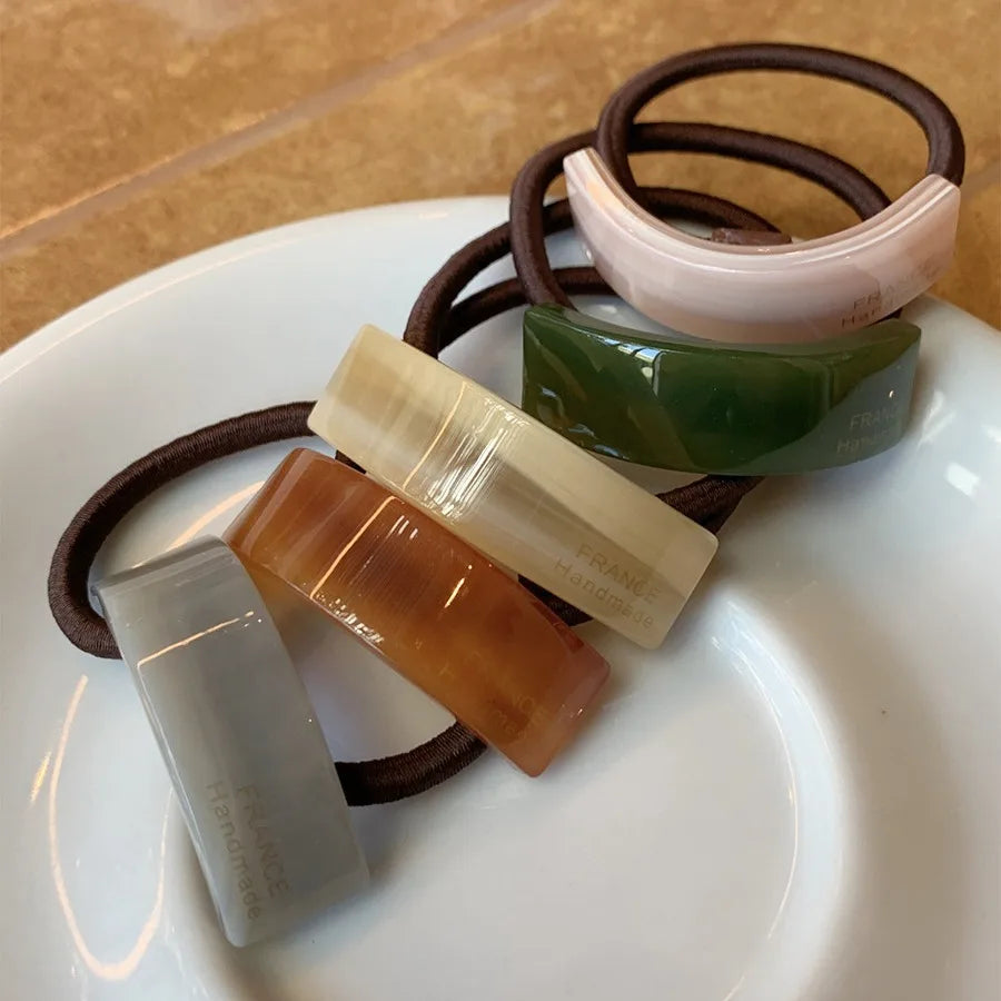 LIZAKOSHT  -  1PC Design Rectangle Curved Acetate Hair Bands france Low Ponytail Beige Hair Rope Simple