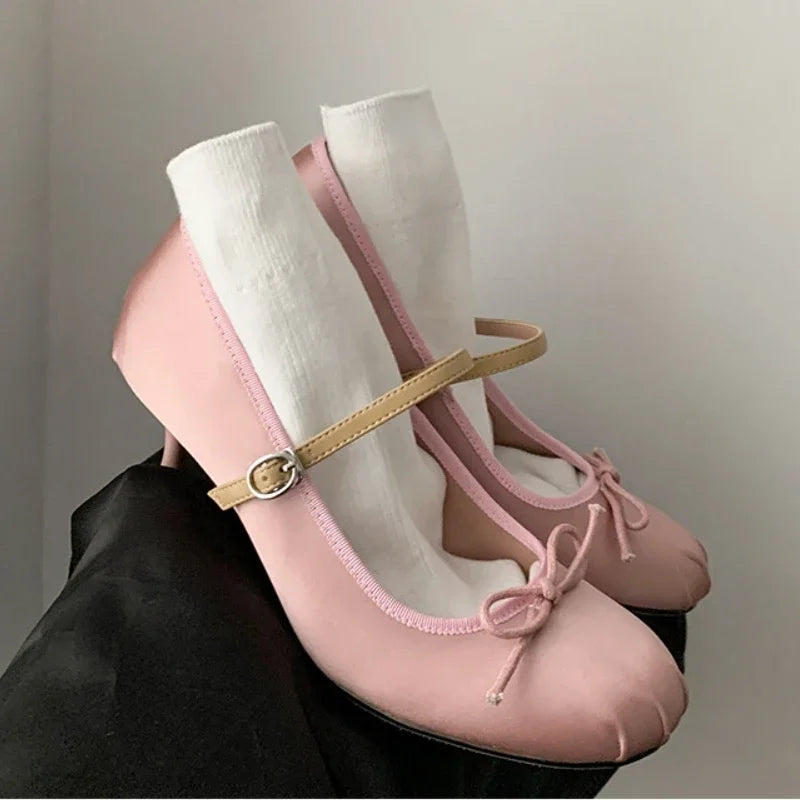 LIZAKOSHT  -  Designer Round Toe High Heels Women Ballet Shoes Satin Luxury Party Dress Shoe Fashion Elegant Leisure Bow Sweet Mary Jane Shoes