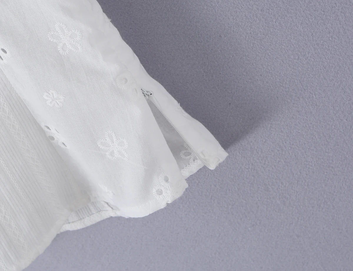 LIZAKOSHT  -  CHIC White Embroidery Flower Hole Lapel V Collar Short Puff Sleeve Shirt Women Bow Lacing Up Front Side Zipper Blouse Crop Tops