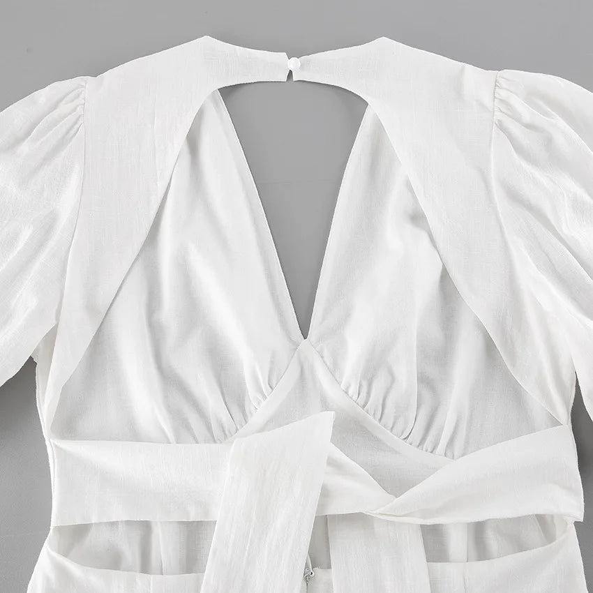 LIZAKOSHT  -  White Backless Summer Dress For Women Short Sleeve Slim V-Neck High Waist Elegant Commute Dress Female Bandage Long Dress