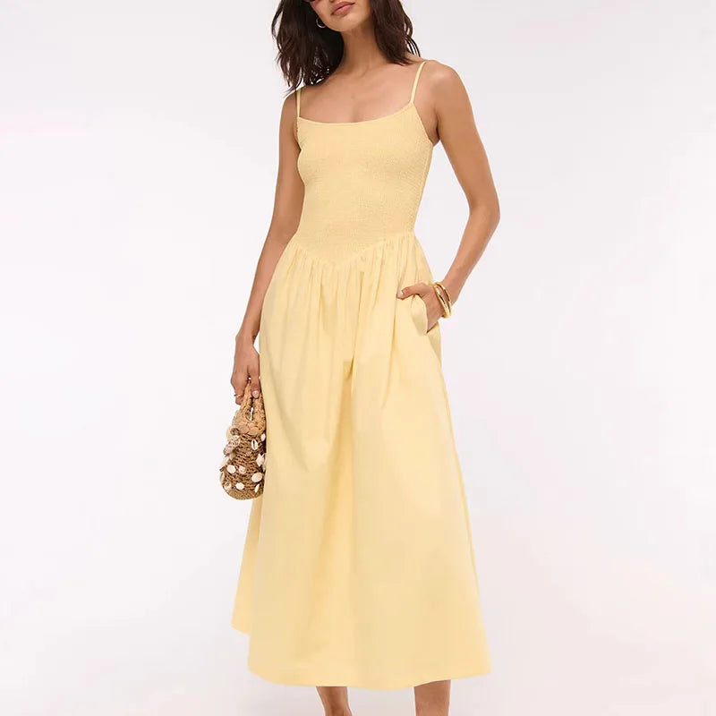 LIZAKOSHT  -  Women Elegant Hight Waist Draped Holiday Dress Fashion Striped Print Sleeveless Long Dress Sexy Off Shoulder Summer Party Dress
