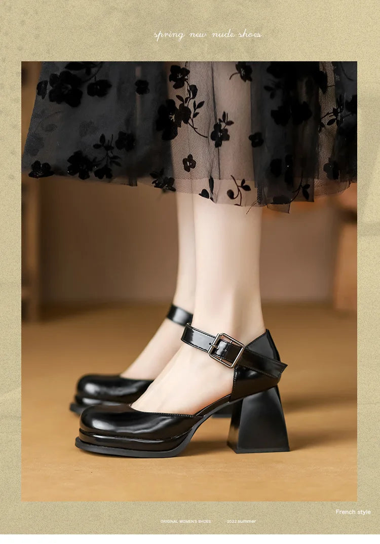 Lizakosht Hollow Sandals Women's Summer New Style One Line Strap Single Shoes Women's High Heels Thick Heels Retro Mary Jane