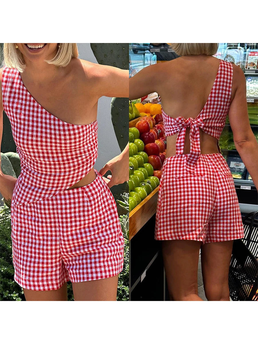 LIZAKOSHT  -  Women Casual 2 Piece Shorts Suits Summer Sleeveless One Shoulder Back Tie Up Tank Tops + High Waist Loose Shorts Sets Loungewear