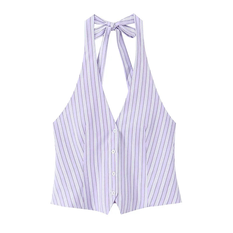 LIZAKOSHT  -  Striped Women's Two Piece Suit Halter Lace Up Sleeveless V-neck Single Breasted Top Short Pants 2025 Summer Lady Causal Outfits