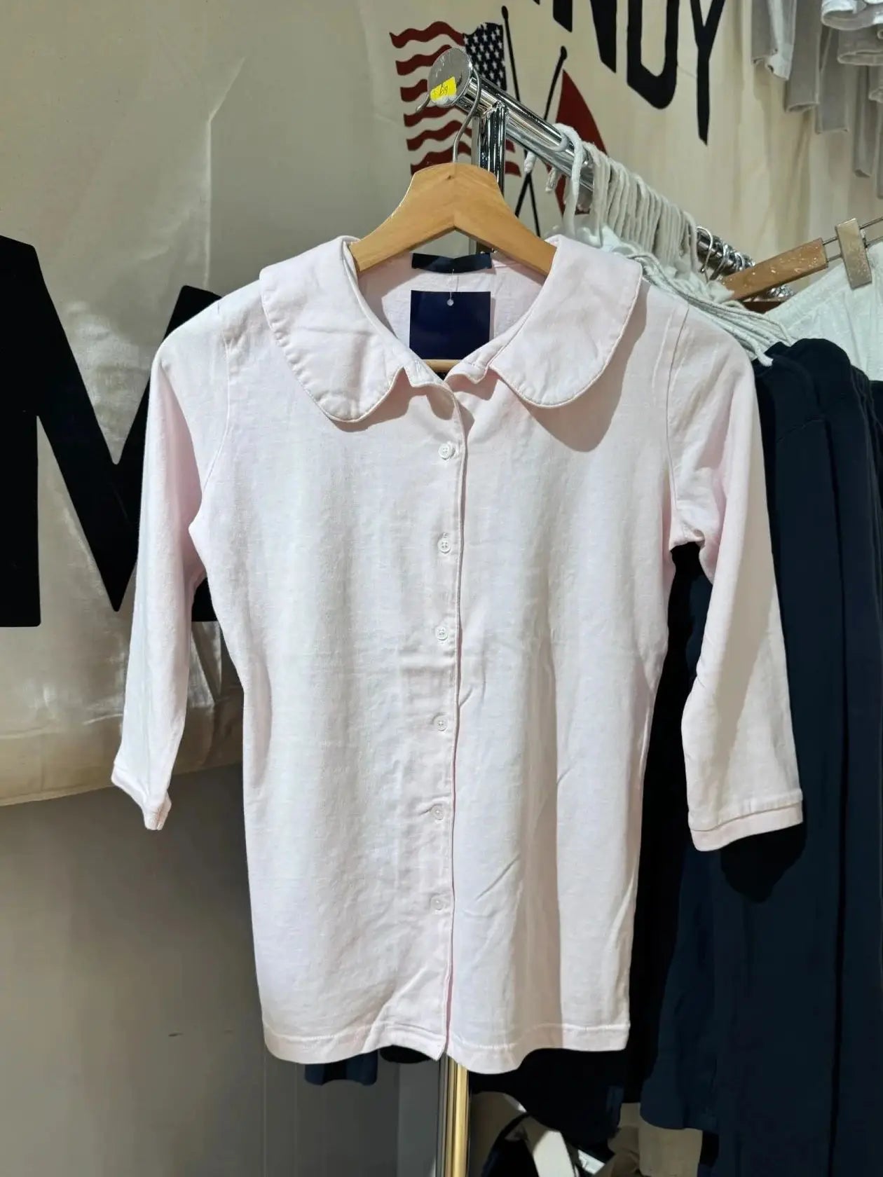 LIZAKOSHT  -  Navy Half Sleeve Slim T-shirt Autumn Peter pan Collar Single Breasted Cotton Tshirt Female Sweet Cute Preppy Style Woman's tee