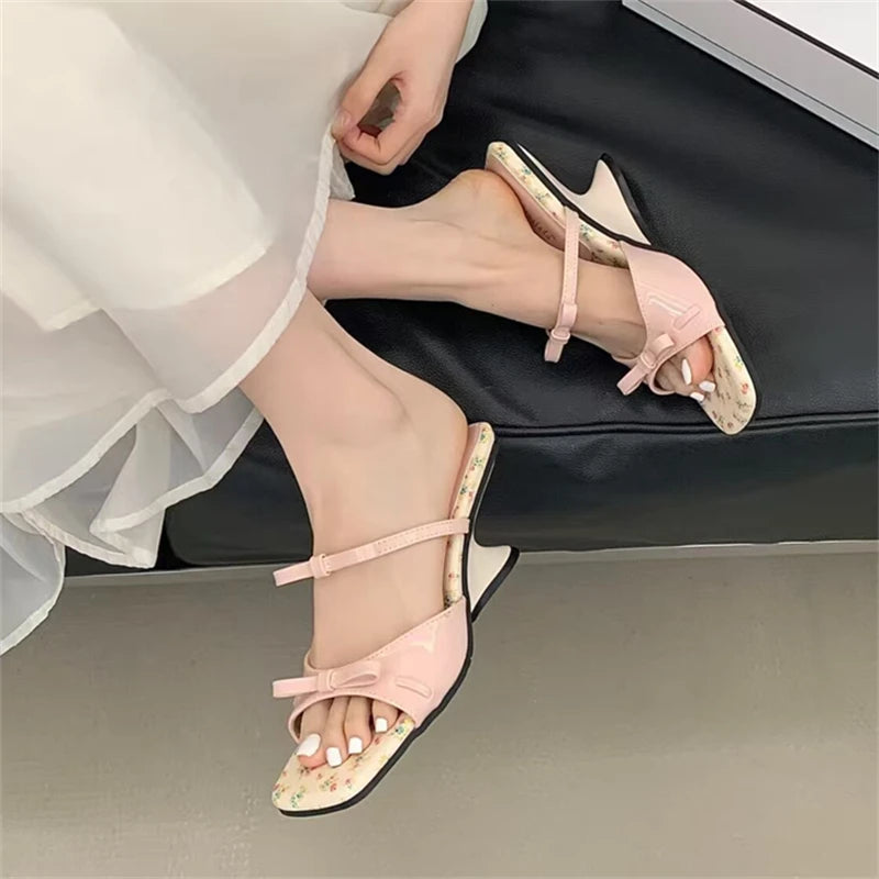LIZAKOSHT  -  Fashion Patent Square Toe Women Slippers Street Style Bowknot Totem High Heels Wedding Banquet Shoes