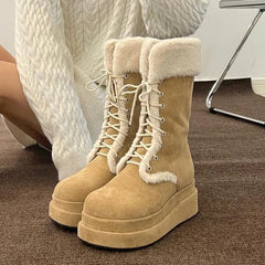 LIZAKOSHT  -  Winter y2k lace-UP Platform Boots Women Shoes Keep Warm Khaki Wedges Heels Mid-calf Snow Boots