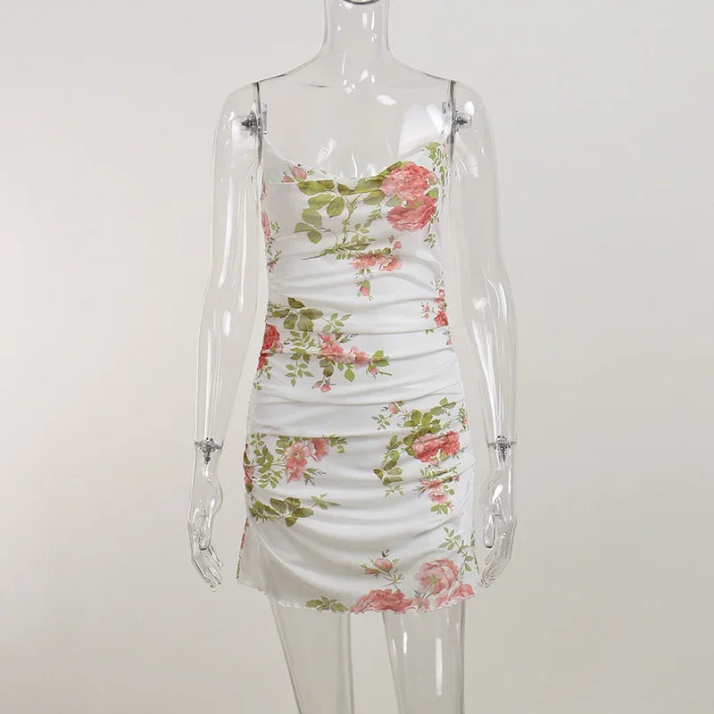 LIZAKOSHT  - Women Vintage Floral Print Slip Dress Ruched Mesh Sling Dress Woman Summer Slim Fit Bodycon Short Dress Club Bar Outfit 2024