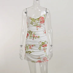 LIZAKOSHT  - Women Vintage Floral Print Slip Dress Ruched Mesh Sling Dress Woman Summer Slim Fit Bodycon Short Dress Club Bar Outfit 2024