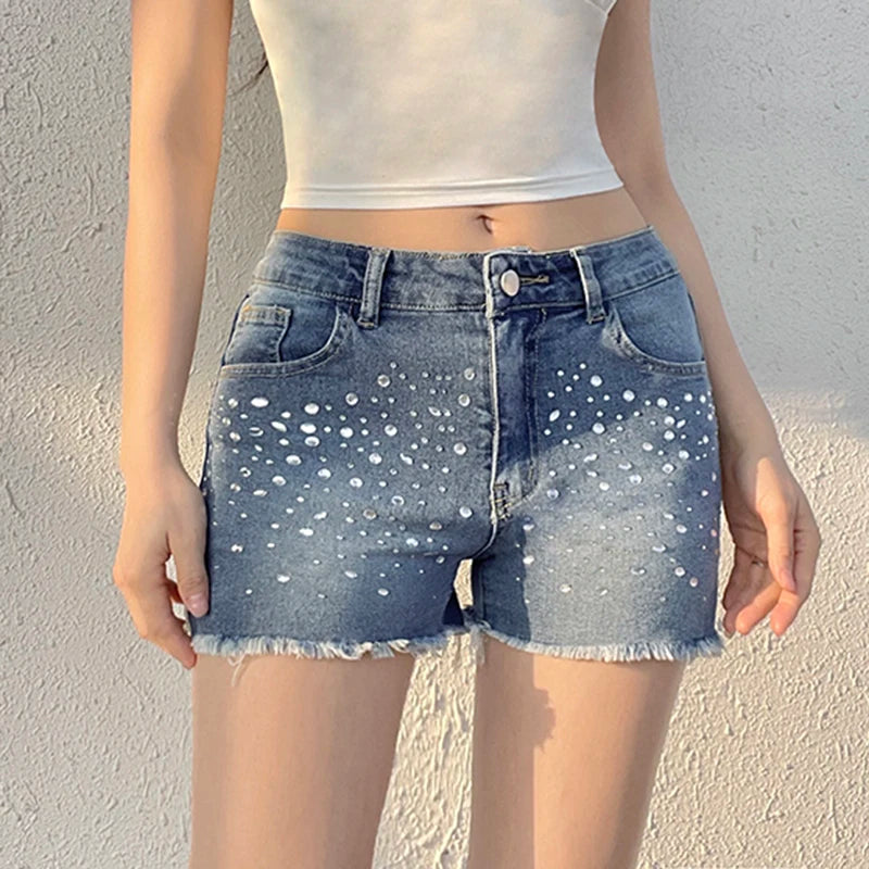 LIZAKOSHT  -  Rhinestone Detail Fashion Frayed Jeans Shorts Y2K Vintage Blue Summer Casual Stylish Women Denim Shorts Streetwear