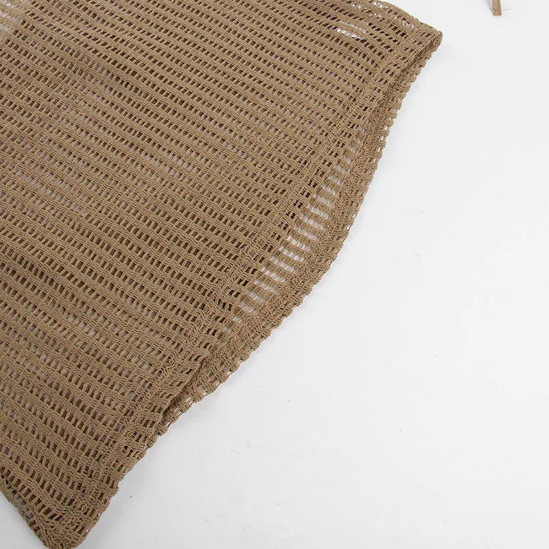 LIZAKOSHT  -  V Neck Backless Beach Mini Dress For Women Knitted Fishnet See Through  Long Sleeve Club Sexy Elastic Casual Party Vestidos