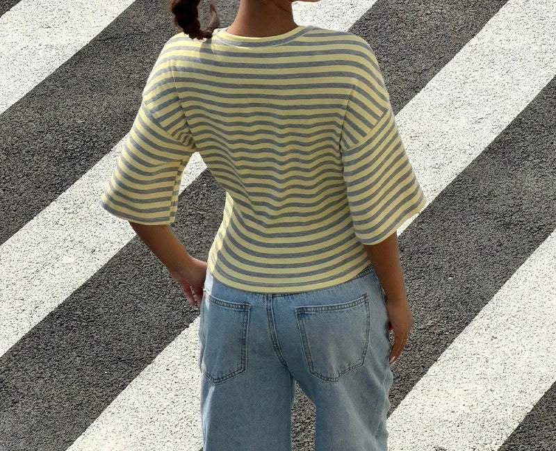 LIZAKOSHT  -  Striped T-shirt Women's Summer Asian Fashion Waist Cinched Mid Sleeved Top Pullover