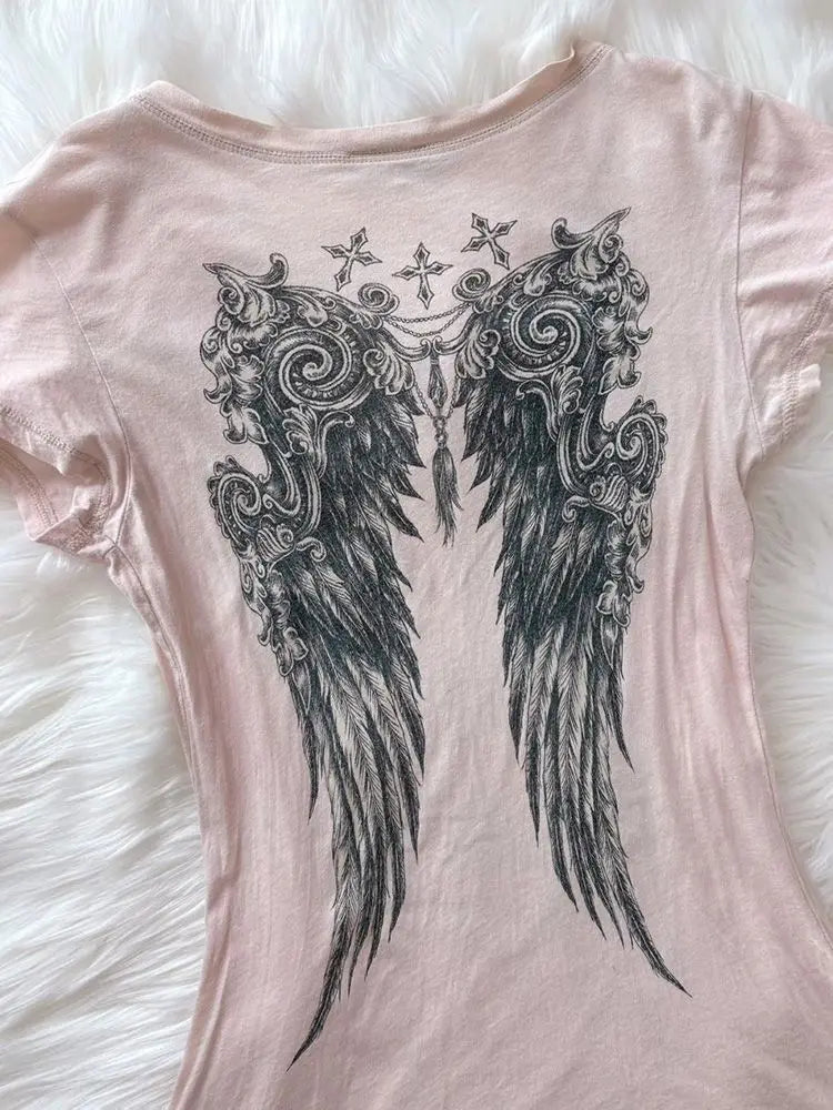 LIZAKOSHT  -  Ropa Mujer Pink Angel T-shirts Vintage Camisetas Print T Shirt Goth Academia American Grunge Subcultural High Street Tops