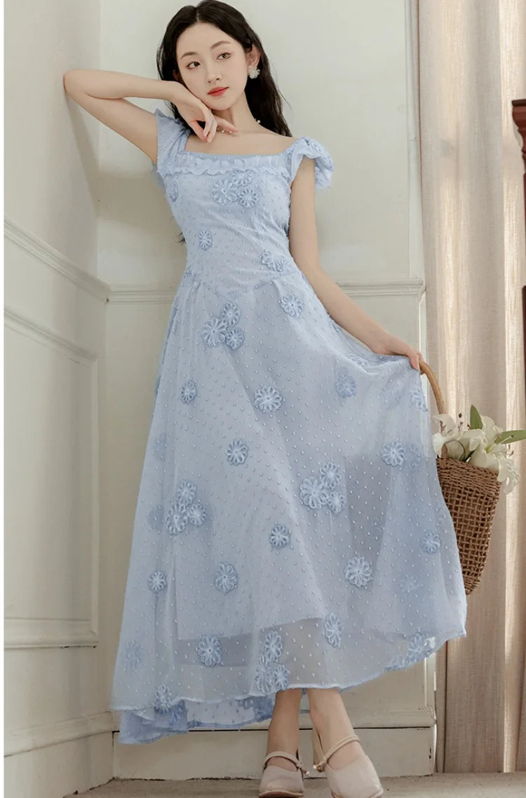 LIZAKOSHT  -  Summer Lady Blue Dress Retro French Style Embroidery Flower Flying Sleeve Romantic Fairy Princess Dresses For Vacation Holidays