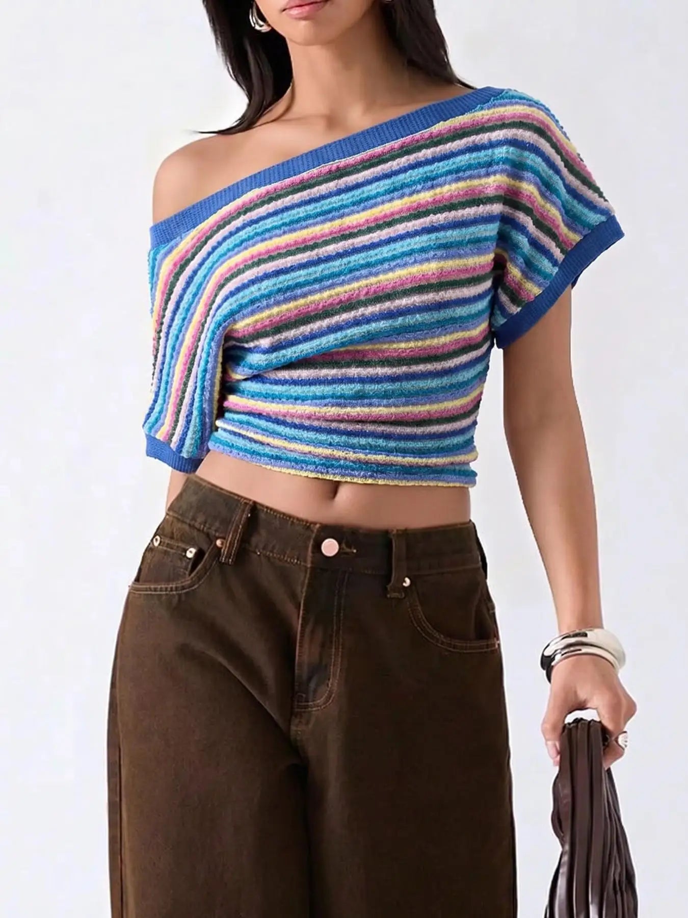 LIZAKOSHT  -  Colorful Bohemian Y2K Spicy Retro Hollow Knitted T-Shirt Asymmetrical Shoulder Line Batswing Sleeve Waist Cinched Top