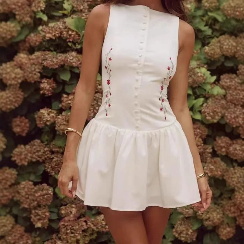 LIZAKOSHT  -  Elegant Flower Embroid Buttons Dress Sweet Sexy Tank Sleeveless Ruffles Slim Mini Dresses Holiday Party Summer French Women Chic