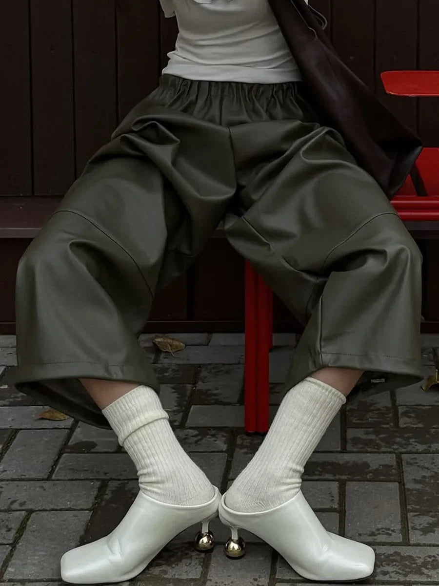LIZAKOSHT  -  Womens Autumn Winter PU Lantern Pants Elegant Lazy Drawstring Casual Army Green Wide Leg Leather Pants
