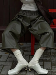 LIZAKOSHT  -  Womens Autumn Winter PU Lantern Pants Elegant Lazy Drawstring Casual Army Green Wide Leg Leather Pants