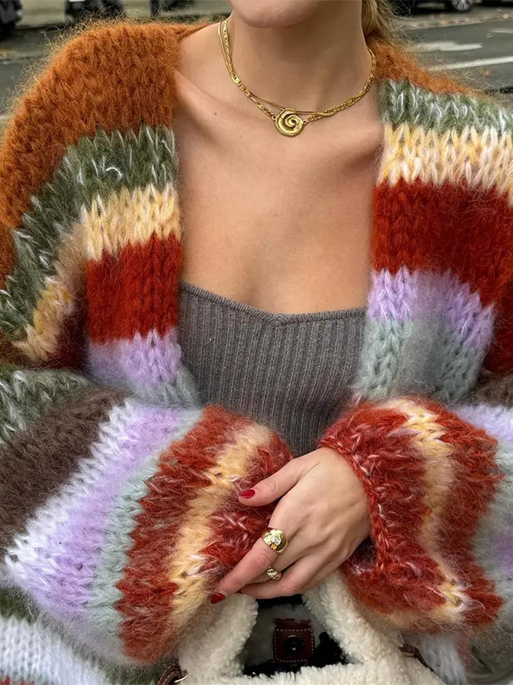 Lizakosht Colorful Stripe Contrast Knit Cardigan Women Chic Lantern Sleeves Loose Warm Sweater Tops 2024 New Spring Female High Streetwear