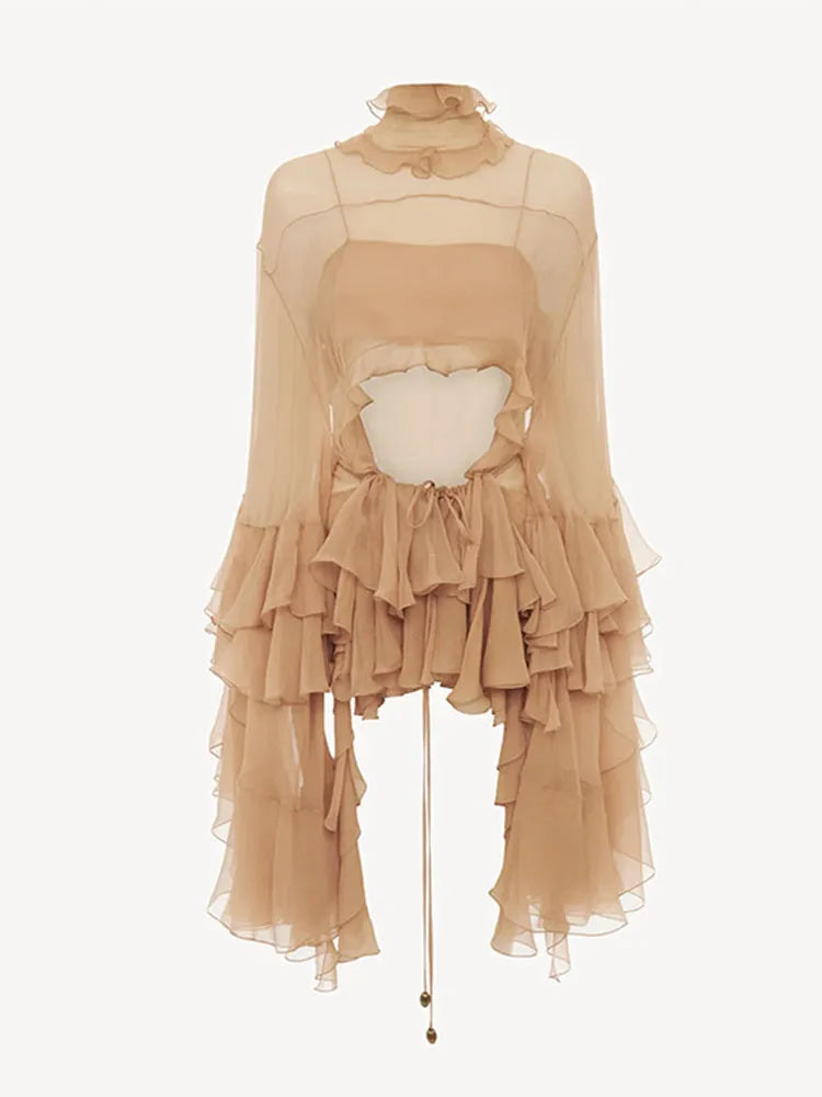 LIZAKOSHT  -  Casual Ruffle Turtleneck Shirt Skirt Women Set Solid Full Sleeve Hallow Out Top See Through Pleated Long Skirts 2025 Lady Suit