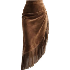 LIZAKOSHT  -  New European American Women's Retro Western Fringed Hemline Irregular Suede Skirt Skirt Fashionable Personalized Women Clothing