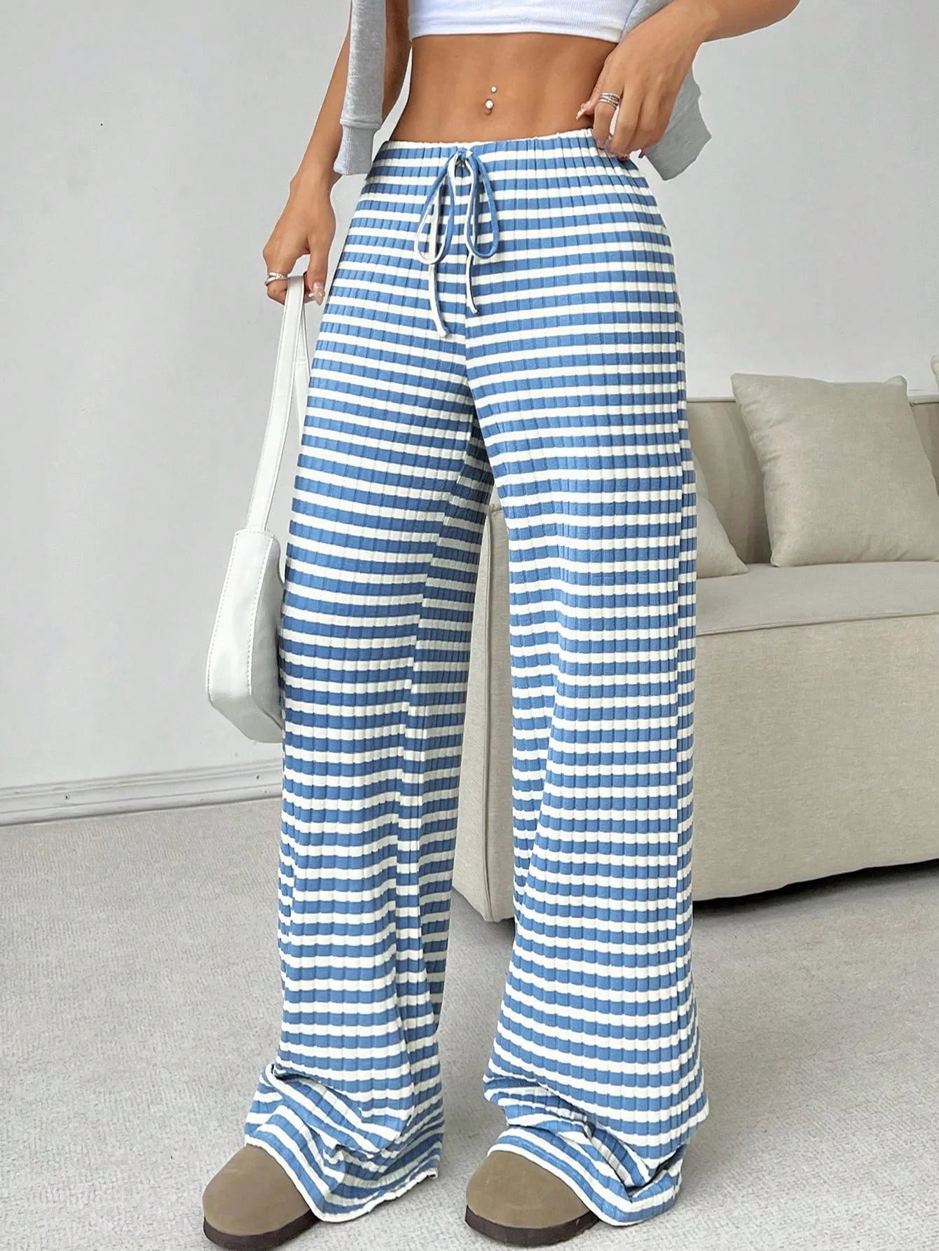 LIZAKOSHT  -  Women's New Casual Striped Solid Color Elastic Rope Cotton Straight Leg Pants