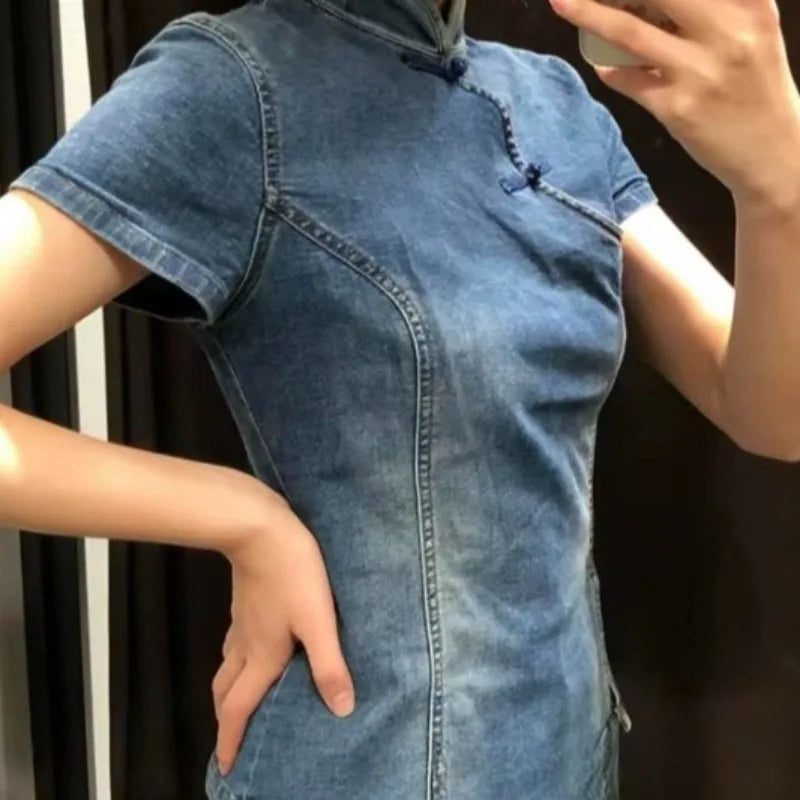 LIZAKOSHT  -  Y2k Chinese Style Denim T Shirt for Women Stand Collar Spring Summer Ropa De Mujer Solid Vintage Versatile Short Tees