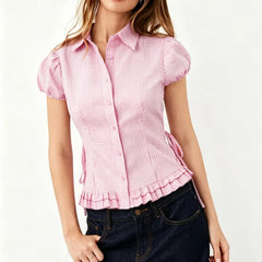 LIZAKOSHT  -  Cute Y2k Red Plaid T-shirt Blouse Woman Side Tie up Lapel Collar Short Cap Sleeve Slim Shirts Sweet Preppy Style Crop Tops