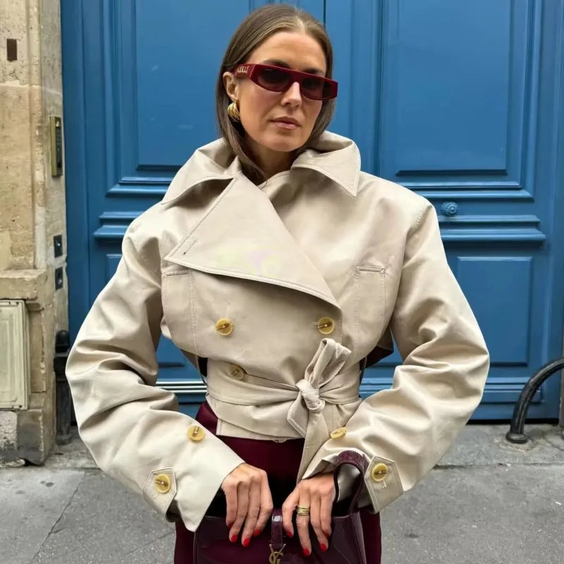 LIZAKOSHT  -  Fashion Simple Cropped Windbreaker Jackets Women New Spring Belt Long Sleeve Double Breasted Coats Solid Casual Short Coats