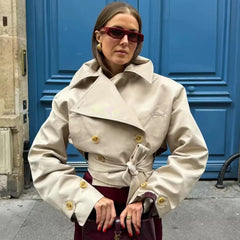 LIZAKOSHT  -  Fashion Simple Cropped Windbreaker Jackets Women New Spring Belt Long Sleeve Double Breasted Coats Solid Casual Short Coats