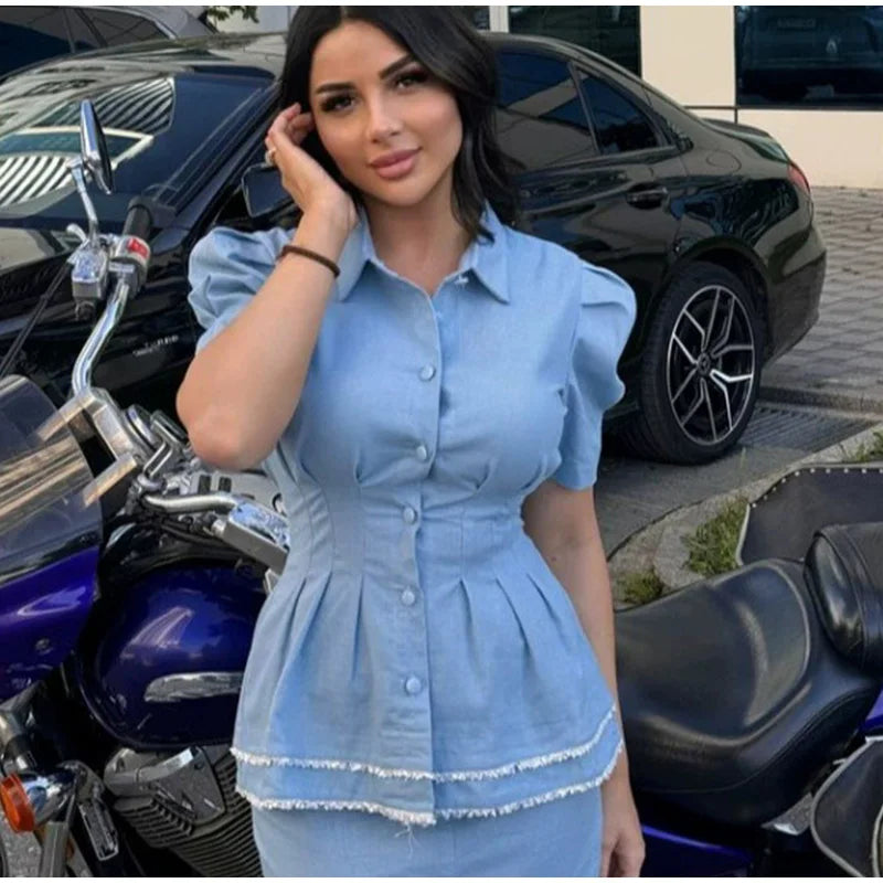 LIZAKOSHT  -  Y2k Women Denim Sets Office Work Lapel Ruff Sleeves Cinching Waist Slim Tops Baggy Long Jeans Dress 2 Piece Suits Chic Elegant