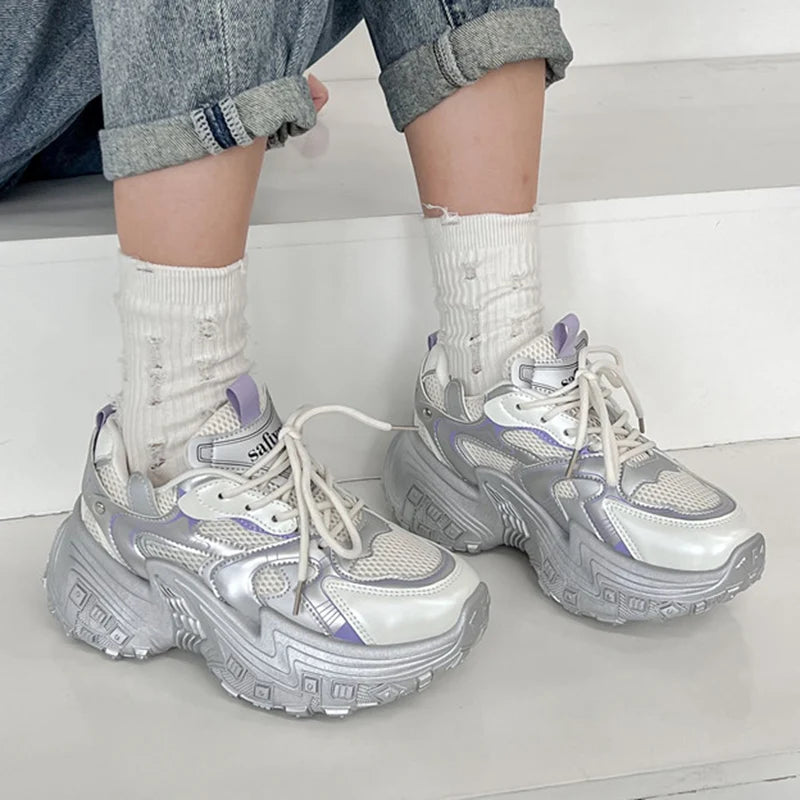 LIZAKOSHT  -  Fashion Silver Chunky Sneakers Women Autumn Lace Up Platform Sports Shoes Woman Thick Bottom Non Slip Walking Shoes Ladies