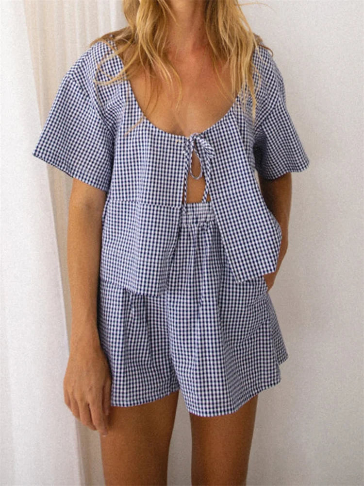 LIZAKOSHT  -  Women Summer Loose Casual 2 Pieces Sets Short Sleeve Plaid Print Split Tie-up T-Shirts Tops Elastic Waist Shorts
