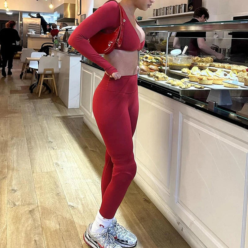 LIZAKOSHT  -  Women's Sporty Sets Solid V Neck Long-sleeved Crop Top and High Waist Pants Elastic Fitness Workout Trendy Street Outfits
