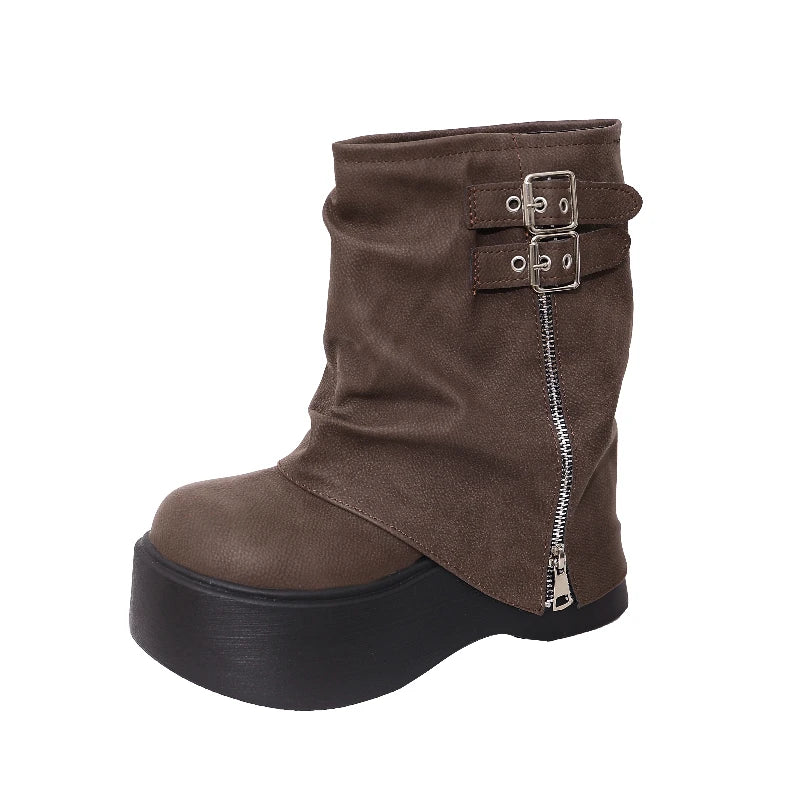 LIZAKOSHT  -  Autumn Winter Chunky Thick Sole Women Pipe Ankle Boots Designer Belt Buckle Platform Heel Shoes Modern Short Botas Para Mujer